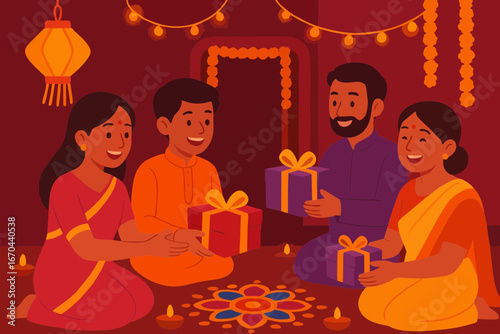Flat illustration of family celebrating Diwali by exchanging gifts and enjoying together at home.
