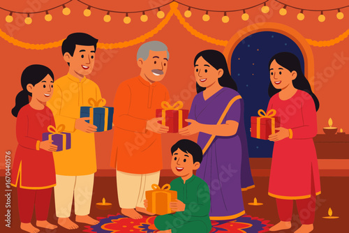 Flat illustration of Indian family exchanging gifts during Diwali festival at home.