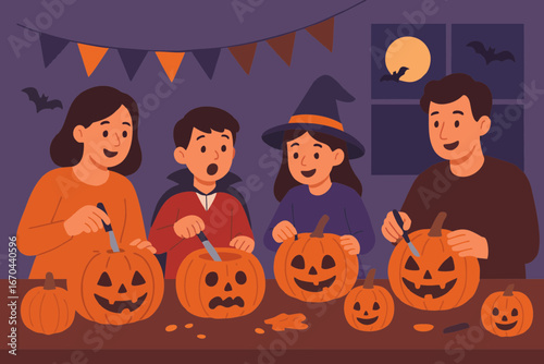 Flat illustration of children carving pumpkins and preparing decorations for Halloween night.
