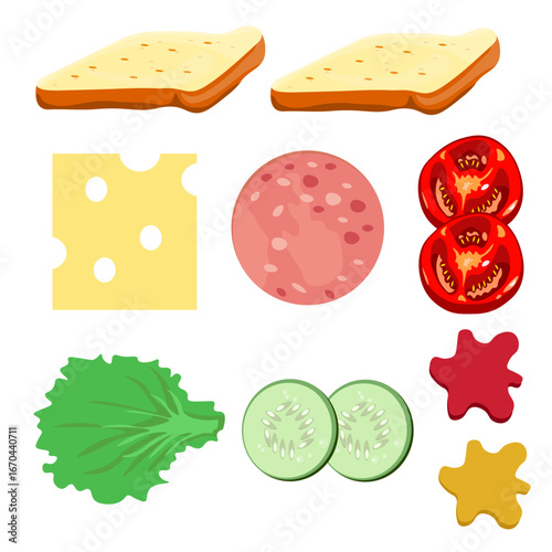 set scheme sandwich with sausage tomatoes cucumbers