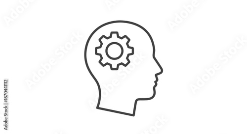 Outline of a human head with a gear inside, representing thought process, ideas, or problem-solving.