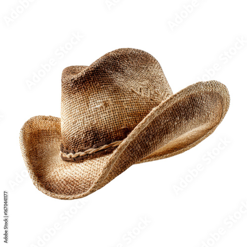 Woven Straw Cowboy Hat with Braided Band on Black Background straw hat western wear, Isolated On White, Png Transparent, Cut Out
