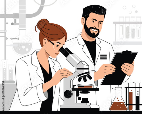 Two dedicated scientists conducting vital research, meticulously examining samples with a microscope in a modern laboratory setting, highlighting collaboration and scientific discovery