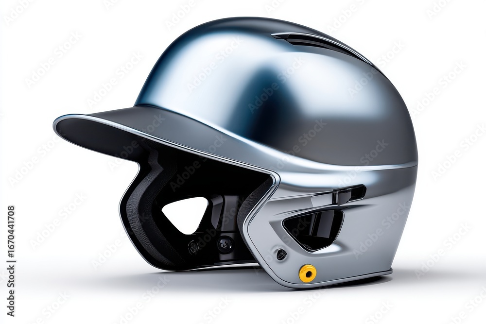 Fototapeta premium Shiny silver baseball helmet resting on a clean surface, reflecting surrounding light and showcasing a sleek design perfect for the game