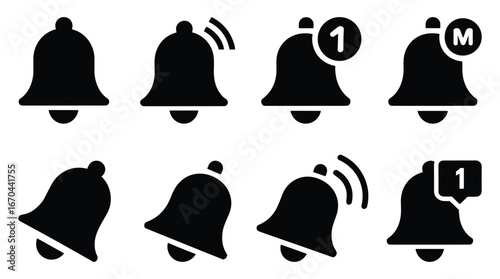 Collection of notification bell icons isolated on white background
