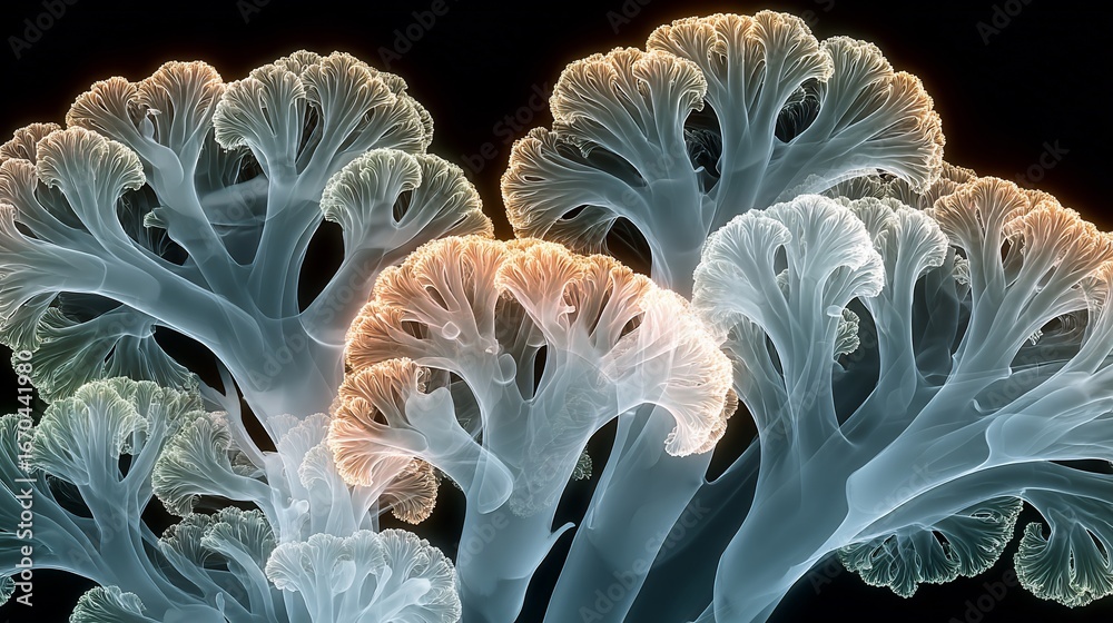 Fototapeta premium Digital fractal resembles blue-gray trees with peach-colored tops against a black backdrop