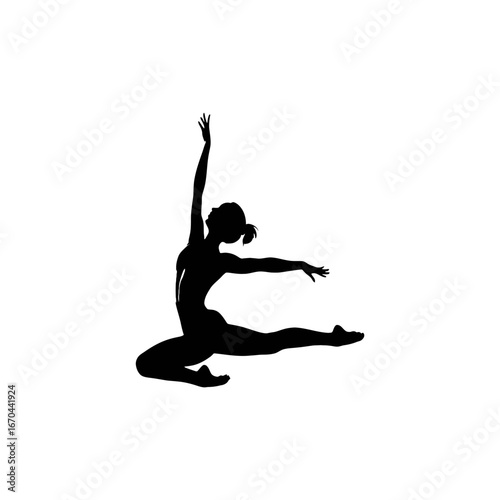 Graceful silhouette of a female gymnast performing a split leap in dramatic artistic dance white background