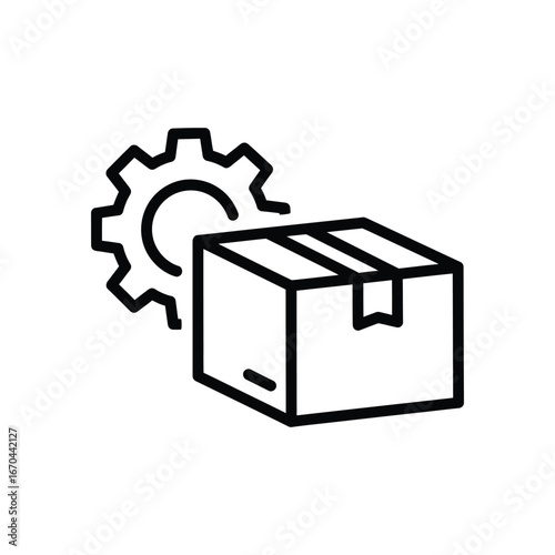 Package with gear icon, on white background, line art style, for logistics and shipping