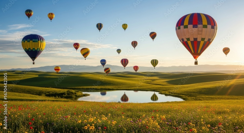 Obraz premium Colorful hot air balloons floating over a picturesque landscape with a serene lake.