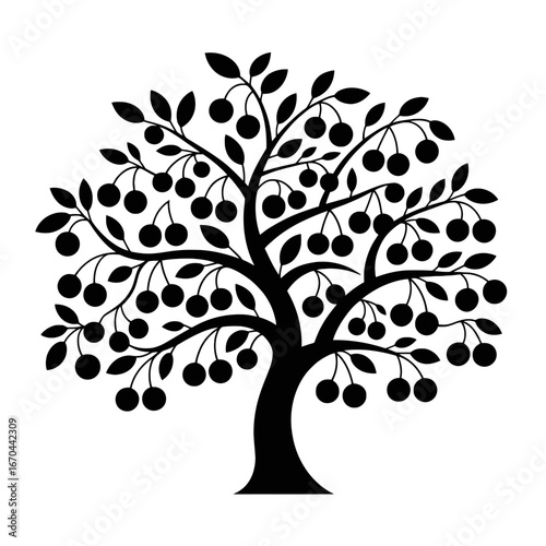 Silhouette of a lush cherry tree laden with ripe fruit in a whimsical design white background