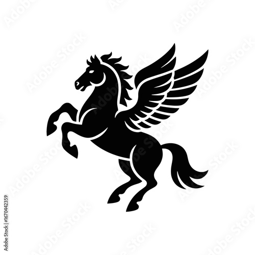 Majestic silhouette of a winged horse rearing upward a mythical creature powerful and graceful white background
