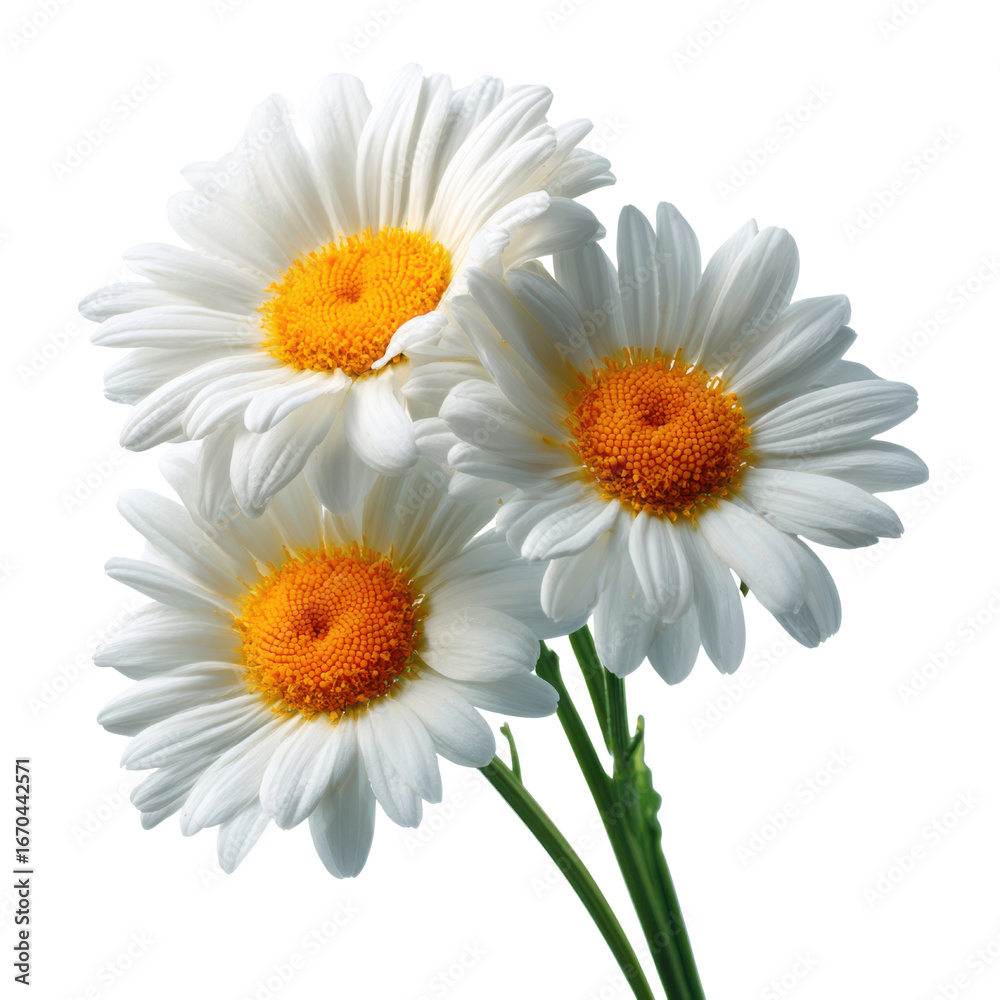 Fototapeta premium Three White Daisy Flowers with Yellow Centers on Black Background graphic design, Isolated On White, Png Transparent, Cut Out