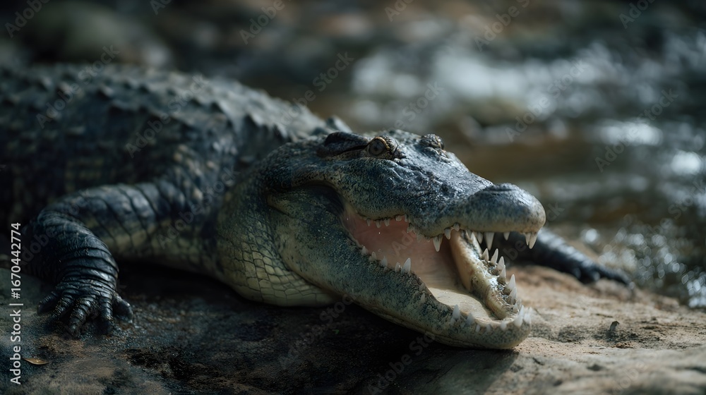 Fototapeta premium Crocodile resting at riverbank with open jaw danger in stillness