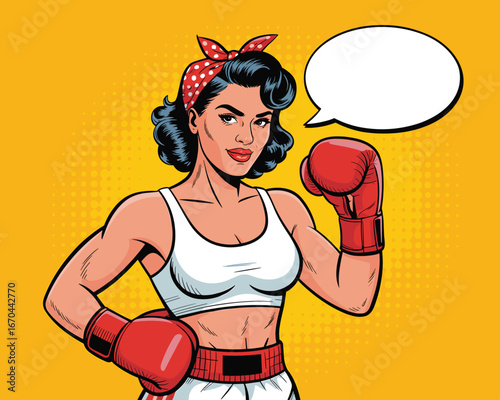 A bold flat vector illustration in a retro comic style of an empowered woman in boxing gloves showing her strength