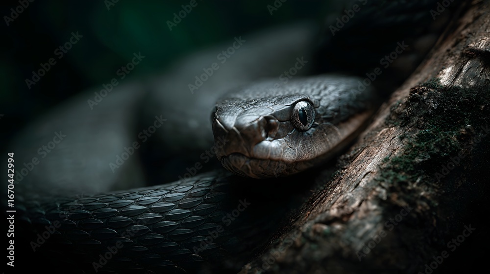 Fototapeta premium Venomous snake coiled on tree branch staring intensely