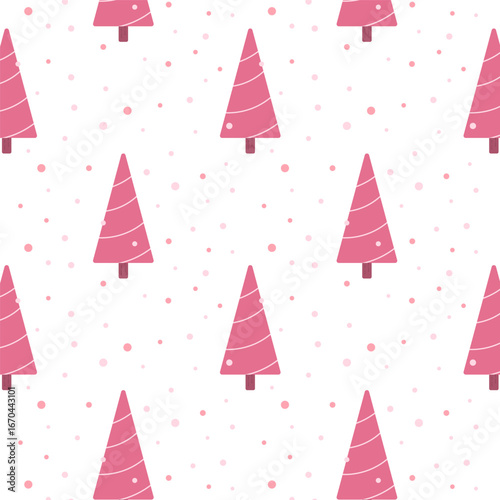 Seamless pattern with pink Christmas trees and snow.Forest with pine, fir repeat pattern isolated on white background.Cute vector graphic illustration wallpaper.