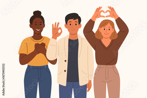 Diverse group of people expressing love and positivity with hand gestures symbolizing kindness unity and human connection