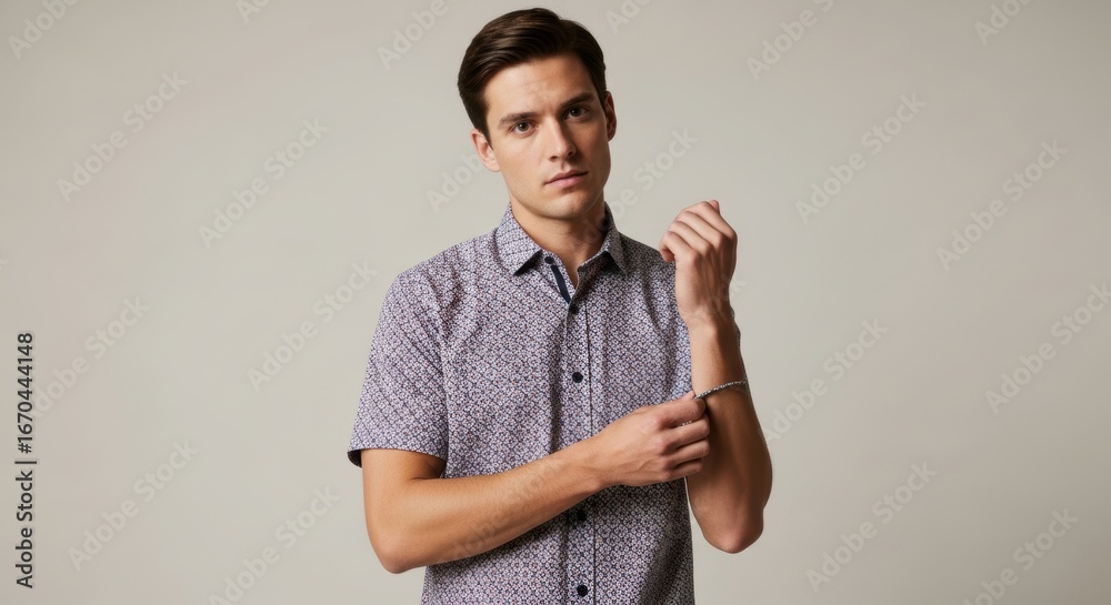 Young caucasian male in patterned shirt adjusting cuff Young caucasian male in patterned shirt adjusting cuff