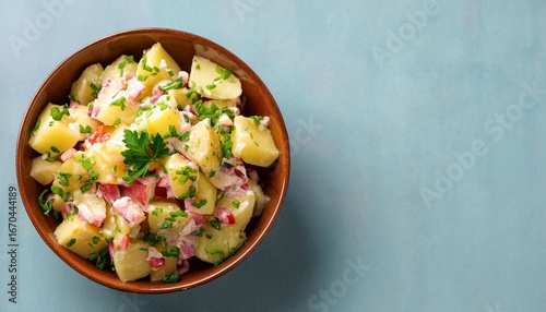top view of a homemade summer potato salad in a bowl with a flat lay perspective overhead image providing copy space