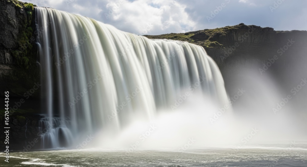 Fototapeta premium Majestic waterfall cascading into misty pool amidst rugged cliffs under cloudy sky
