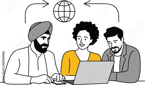 Business team collaboration with laptop, global communication, teamwork illustration, online meeting, remote work, digital networking, professional partnership, workplace diversity concept.