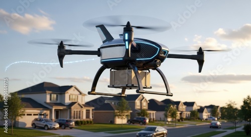 A futuristic delivery drone hovers above a suburban street, carrying a package, symbolizing modern logistics and automated services.