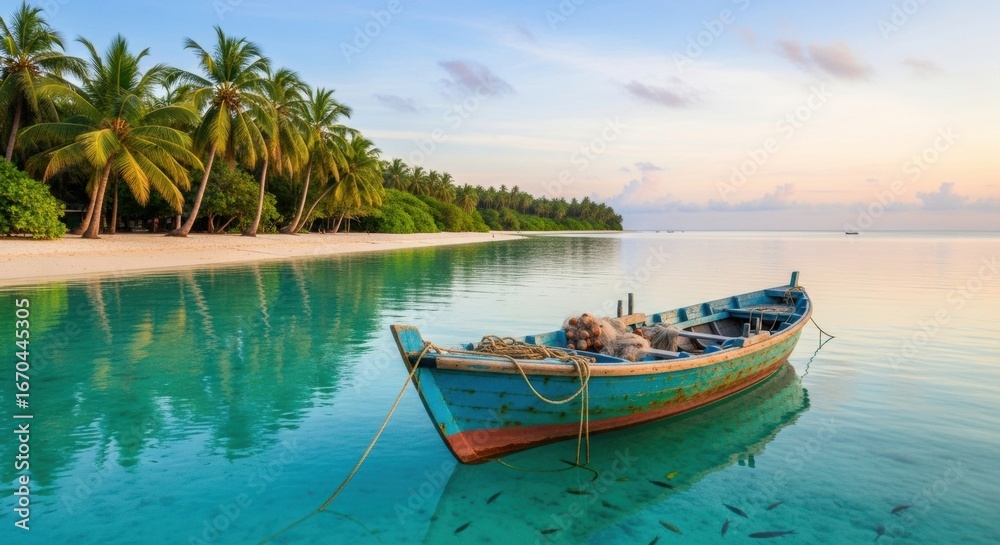 Naklejka premium A traditional wooden boat floats peacefully in crystal-clear turquoise water beside a pristine white sand beach lined with lush palm trees under a serene sky.