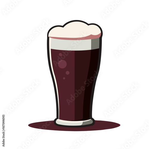 a tall glass filled with dark burgundy or maroon colored beer with white foam on top and bubbles visible in the liquid.