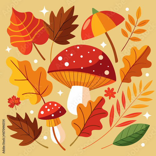 Vibrant autumn leaves and forest mushrooms illustration
