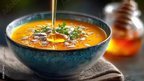 A bowl of creamy pumpkin soup topped with seeds and herbs, served with rustic bread