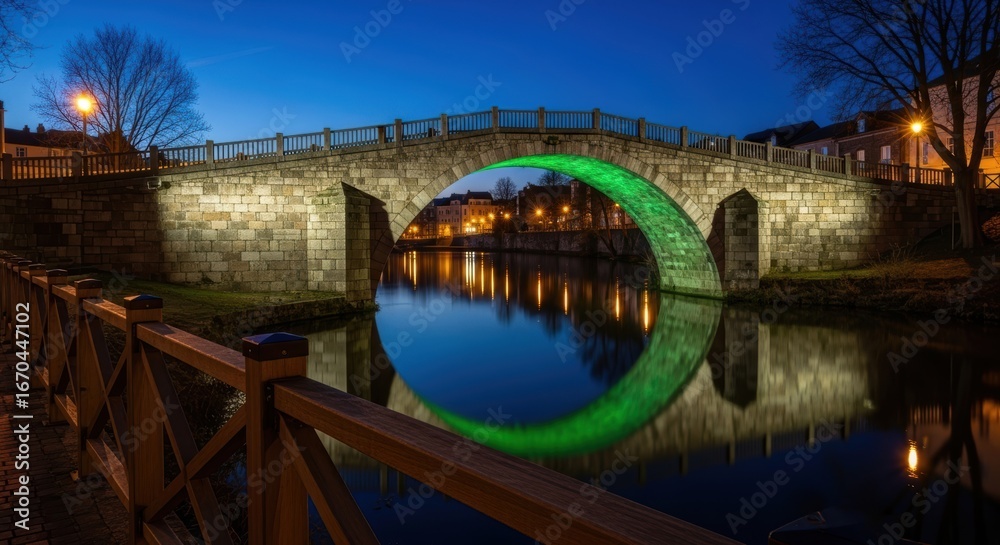 Fototapeta premium Illuminated stone bridge reflecting in river at night with city lights