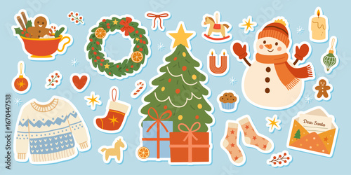 Festive Christmas stickers set with tree snowman gifts stockings ornaments wreaths and holiday decorations in cheerful hand drawn style on light blue background