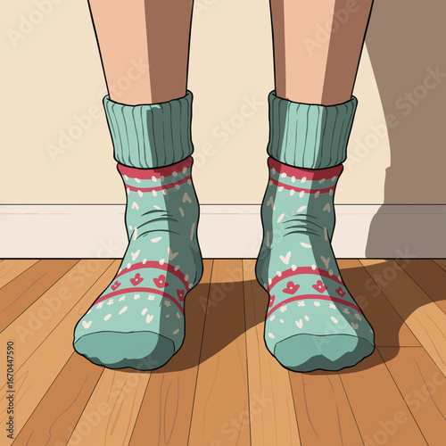 Cozy feet in patterned socks on wooden floor at home  