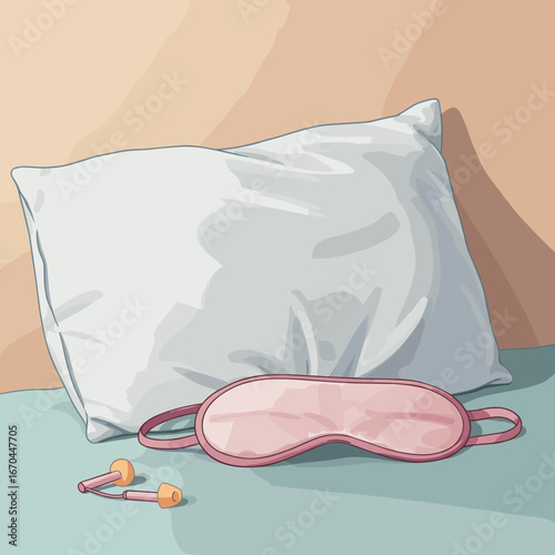 Sleep mask and earplugs on pillow in cozy bedroom setting  