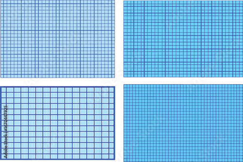 Four light blue tiled squares with dark blue grout and border patterns