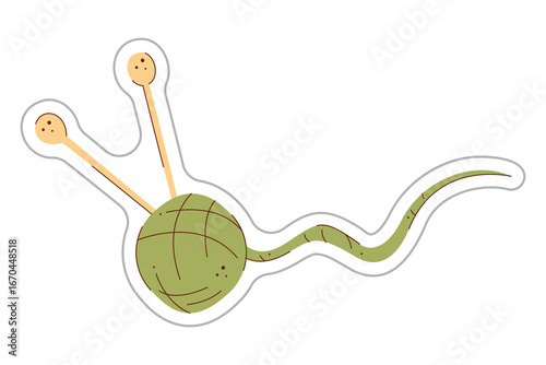 Sticker with knitting needles and yarn. Color hand drawn clipart illustration.