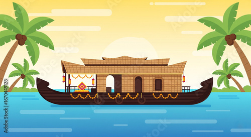 minimal flat vector illustration of a traditional kerala houseboat on calm blue backwaters with palm trees in festive onam theme