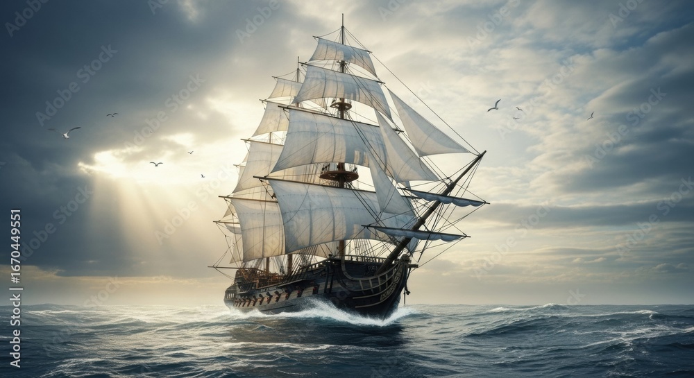 Obraz premium Majestic sailing ship navigating stormy seas under a dramatic sky.