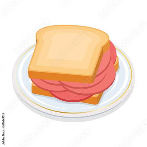 Sandwich with salami on a plate vector illustration. Bologna sandwich icon isolated on a white background. Toasted bread with ham drawing