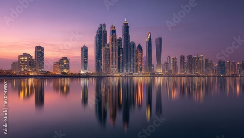 City skyline at dawn reflected in water