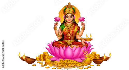 Illustration of Lakshmi Seated on a Lotus with Gold and Lamps