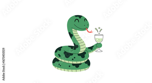 A happy green snake enjoys a festive cocktail party celebration