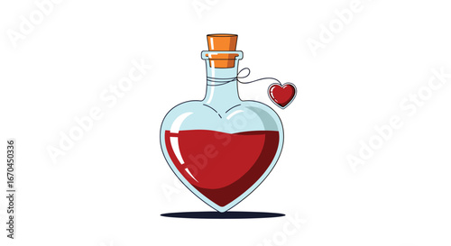Magical love potion held in heart shaped glass bottle with cork and red heart charm