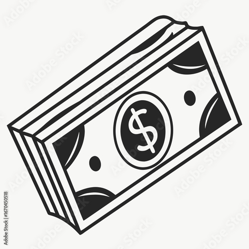 Black and white illustration of a stack of banknotes with dollar sign