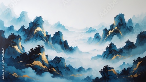Misty blue mountains with golden highlights in a traditional chinese ink wash painting style