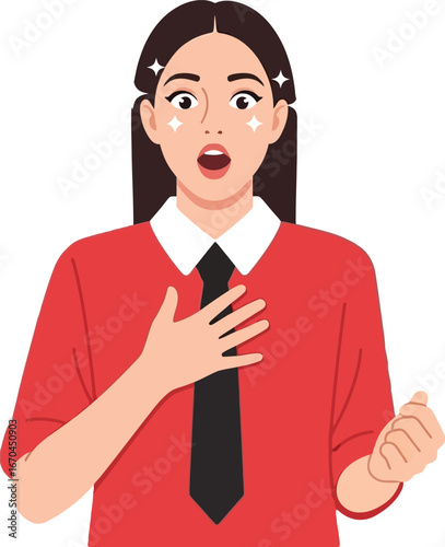 Young woman in red shirt with black tie showing surprise expression vector illustration 