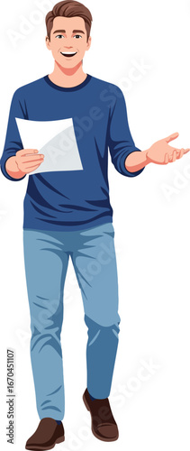 Young man reading paper and gesturing with hand standing in casual clothes vector illustration 