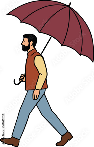 Cartoon illustration of man walking with umbrella in rainy weather, modern flat design, lifestyle concept, outdoor activity, protection from rain.