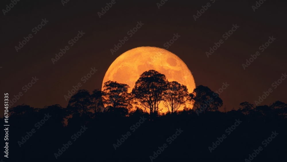 Obraz premium Full orange moon over trees