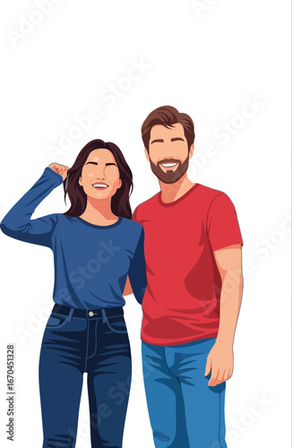 Happy young couple standing together smiling casual clothing vector illustration 